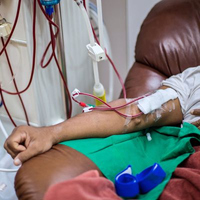 Patients taking blood dialysis in the hospital.